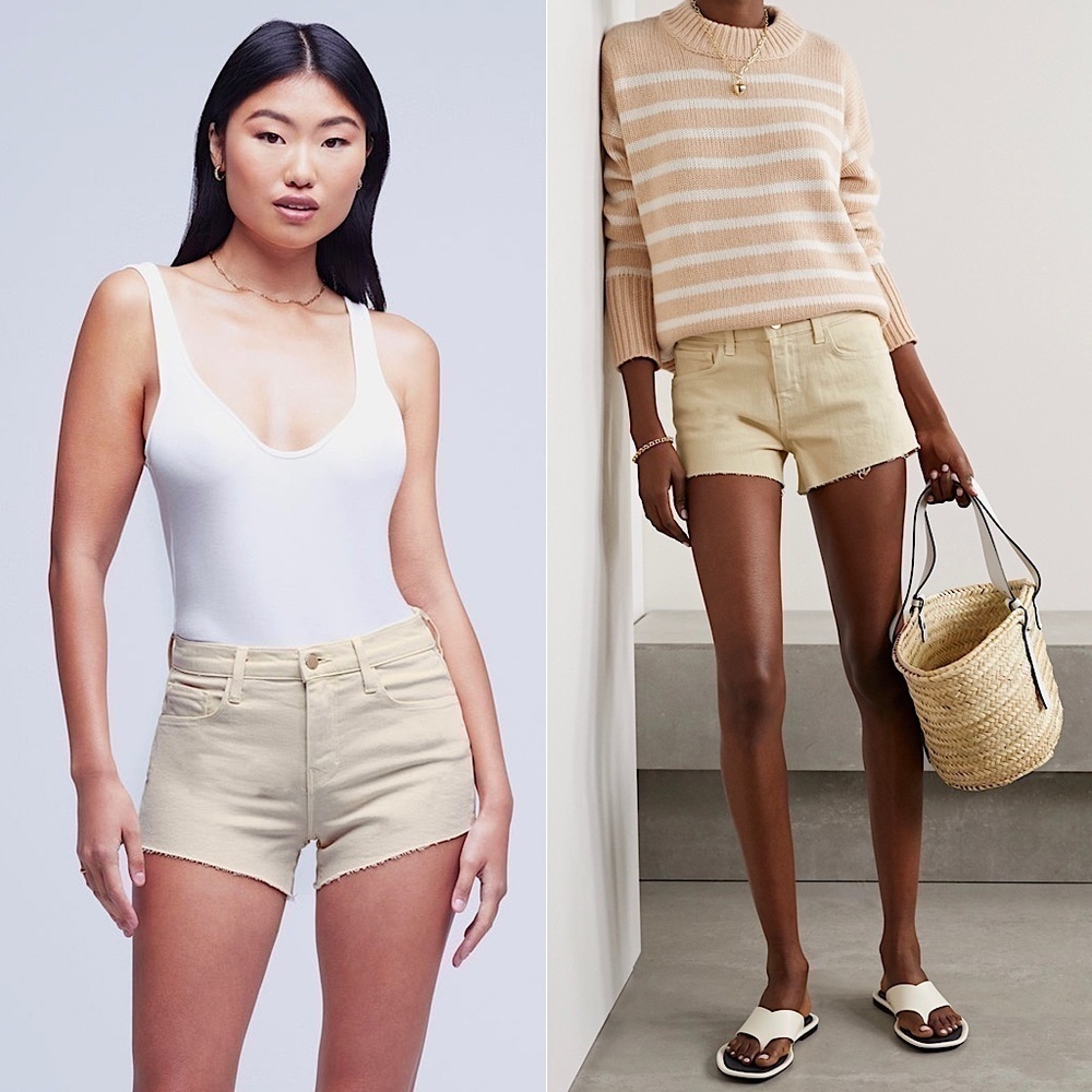 NWT L'AGENCE Distressed Oatmeal Beige Denim Frayed Raw Hem Cutoff Jean Shorts 25